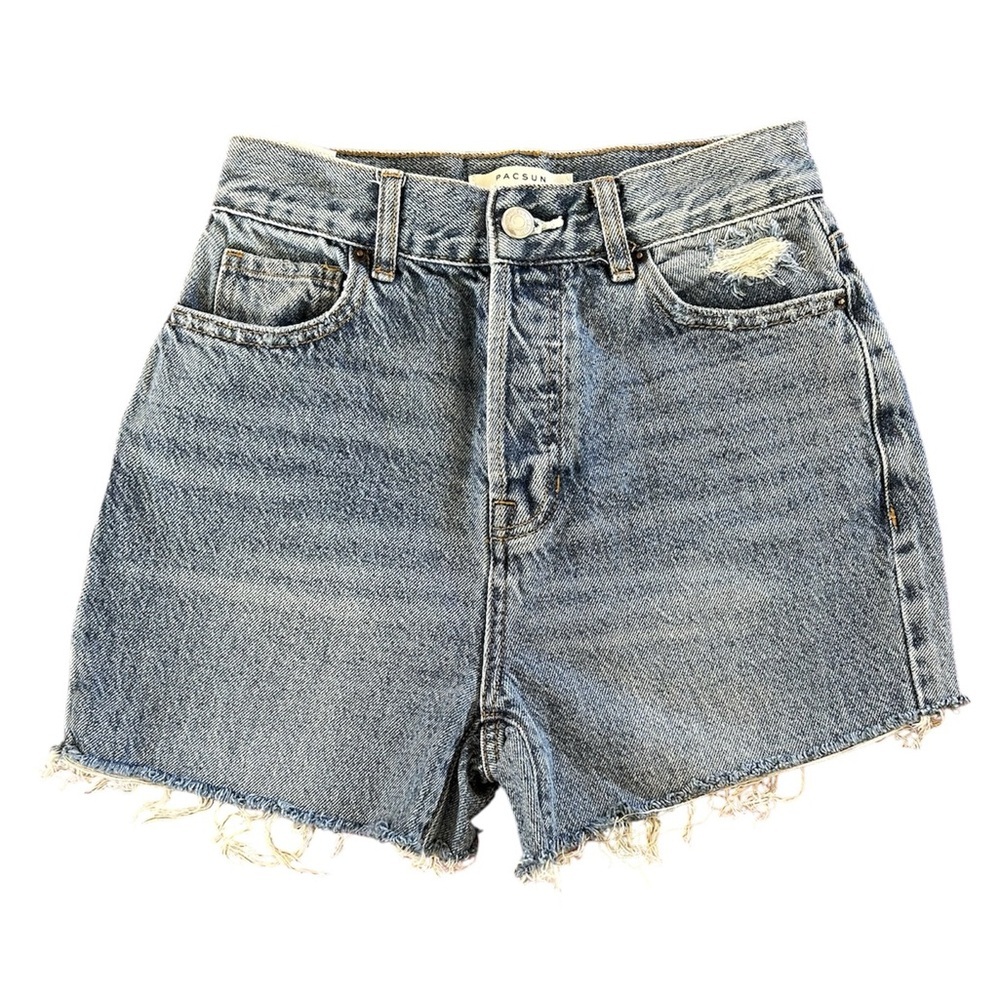 PacSun | Women’s Medium Blue High Rise Straight Raw Hem Buttonfly Jean Short 25
